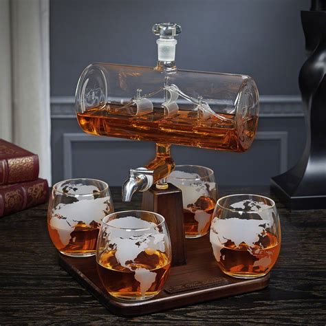 1.7 whiskey decanter set world etched globe decanter. Sail Away Whiskey Decanter Set with Globe Glasses