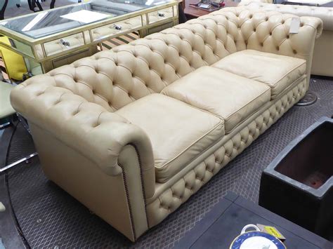 Chesterfield Sofa Contemporary Cream Leather Buttoned And Studded