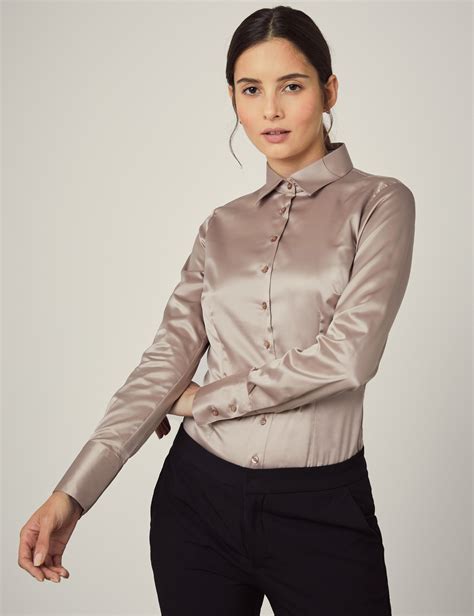 Womens Taupe Fitted Satin Shirt Single Cuff Hawes And Curtis
