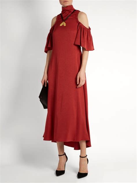 Ellery Deity Cut Out Shoulder Matte Satin Dress Dark Red Off Sale