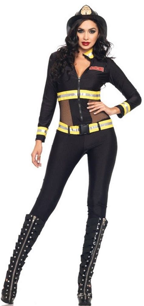 Black Firefighter Costume Catsuit Fire Outfit Firewoman Uniform