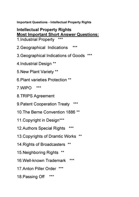 Intellectual Property Rights Important Questions Intellectual