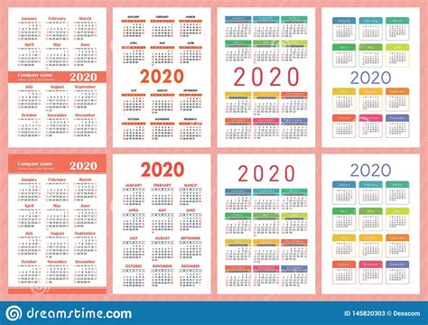 Calendar 2020 Week Starts On Sunday Vector Template Collection Stock