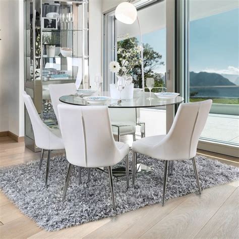 Furniture Of America Fiti Contemporary White 5 Piece Round Dining Set Clear In 2020 Glass Top