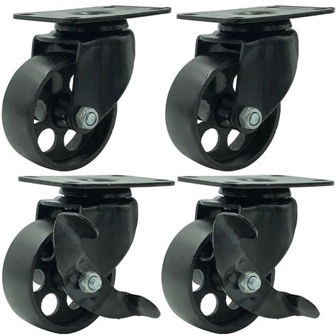 4 All Black Metal Swivel Plate Caster Wheels With Brake Lock 3 Combo