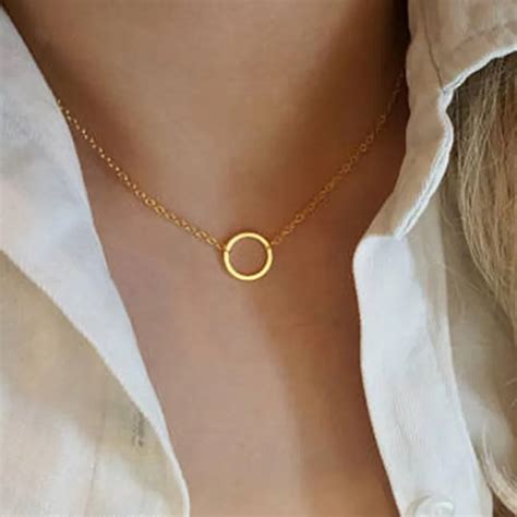 Vintage Minimal Dainty Circle Necklace For Women Stainless Steel Gold