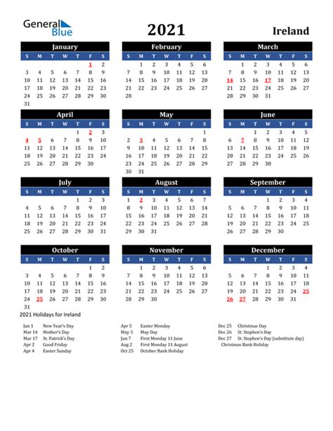 2021 Ireland Calendar With Holidays