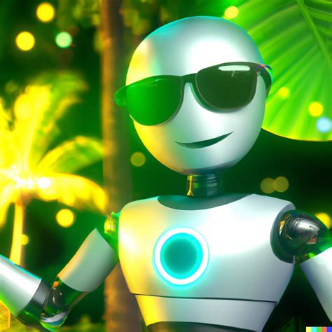3d rendering of a happy robot wearing sunglasses shallow depth of field tropical celebratory