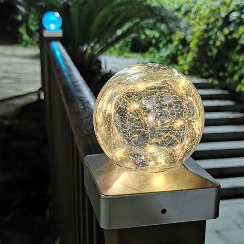 4 Solar Deck Cap Post Lights Outdoor Garden Crackle Glass Ball Lights
