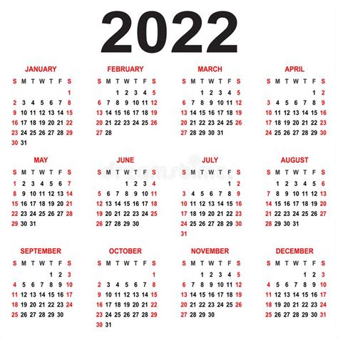 2022 Plantilla De Calendario En Ingl S 12 Meses La Semana Comienza El