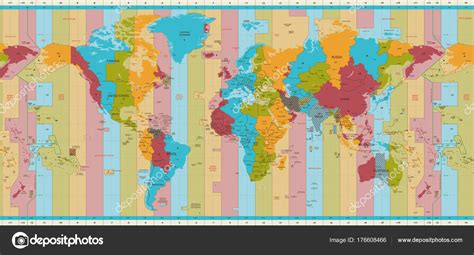 Iedereen loopt er vroeg of laat tegenaan. Gedetailleerde Wereld Kaart Standaard Tijdzones ...