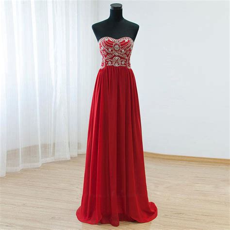 Strapless Long Chiffon Red Prom Dresses Women Beaded Party Dress On Luulla