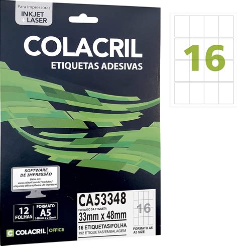 Etiqueta Adesiva A5 33 Mm X 48 Mm 12 Folhas Colacril CA53348