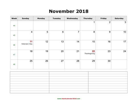 Blank Calendar November 2018 With Notes Landscape