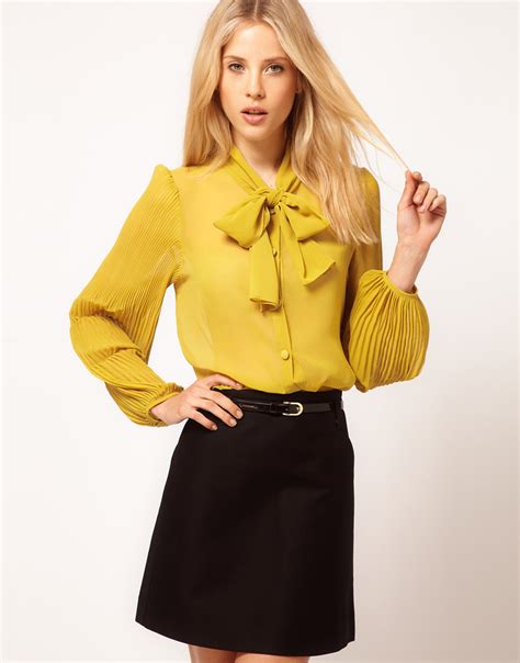 Lyst Asos Collection Asos Blouse With Pussybow And Pleated Sleeves In Yellow