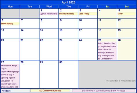 April 2026 Eu Calendar With Holidays For Printing Image Format