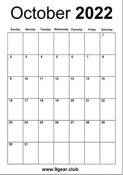 October Calendar Monthly 2022 Blank Printable Calendars Free