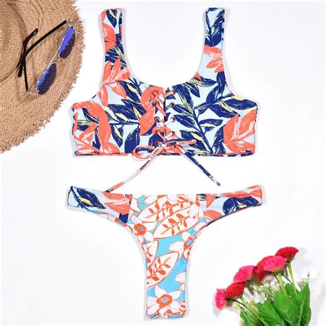 Sexy Criss Cross Bikinis Women Push Up Swimsuit Leaf Print Bikini Set