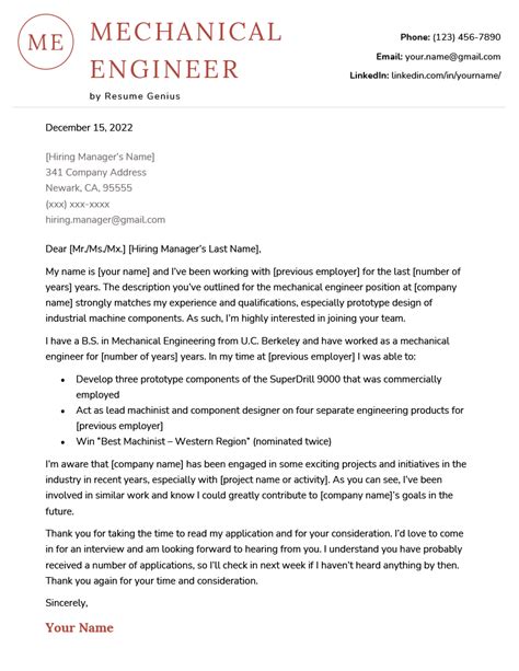 Mechanical Engineer Cover Letter Example And Writing Tips Freebies