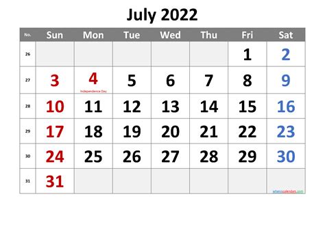 Free Printable July 2022 Calendar With Holidays 6 Templates