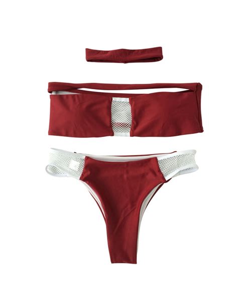 Red Bandeau With Mesh Bikini Set