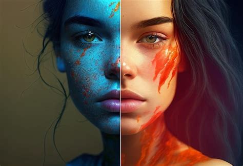 Premium Ai Image Woman With Blue And Orange Face Paint Two Different