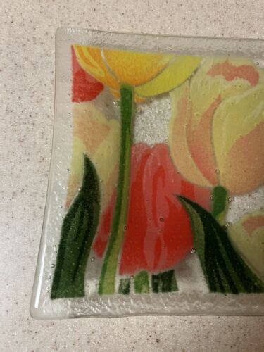 Peggy Karr Signed Fused Glass Art Tray Plate Dish Colorful Tulips Rectangular Ebay