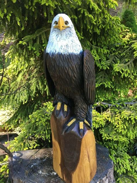 Large Chainsaw Carved Bald Eagle Black Walnut Wood Carving Birds Of