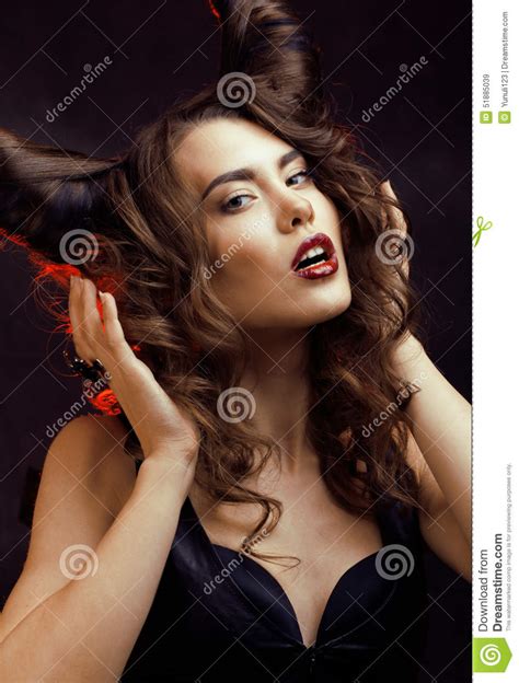 Bright Mysterious Woman With Horn Hair Halloween Stock Image Image