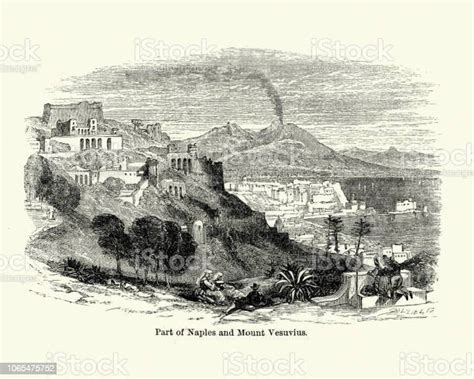Naples And Mount Vesuvius 19th Century Stock Illustration Download Image Now Pompeii