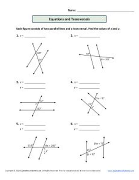 Parallel Lines and Transversals Worksheet| Equations and Transversals