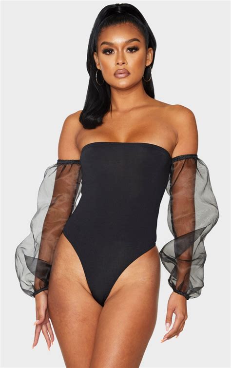 Black Slinky Sheer Puff Sleeve Bardot Bodysuit Prettylittlething