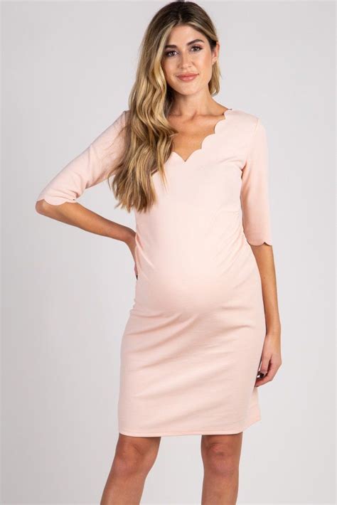 Pinkblush Light Pink Solid Scalloped Trim Fitted Maternity Dress Fitted Maternity Dress