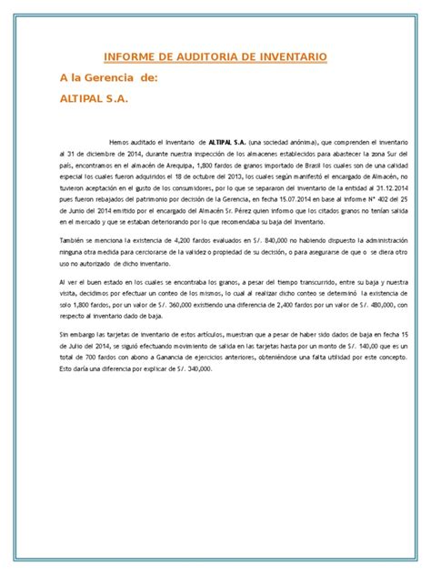 Informe De Auditoria De Inventario Inventario Business Free 30