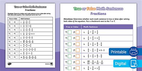 True Or False Math Fractions Worksheet Number Sentences