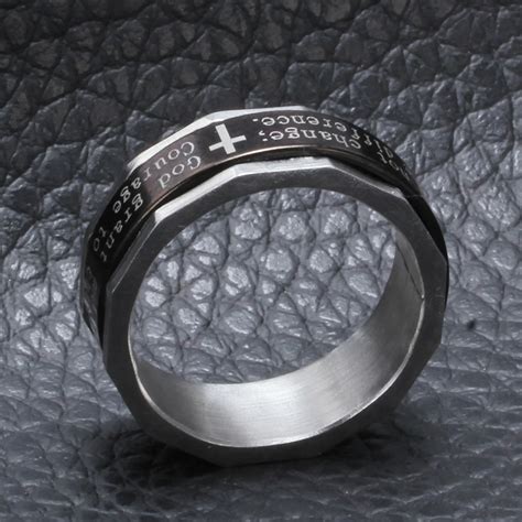 Stainless Steel Rotate Bible Scriptures Cross Ring Band Silverandblack
