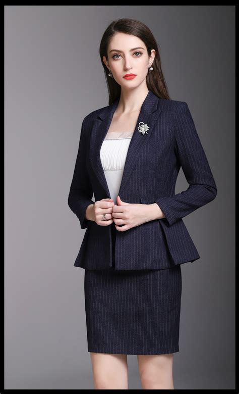 Beauty Navy Stripe Goddess Suits Womens Skirt Suits Sweet Work Suits