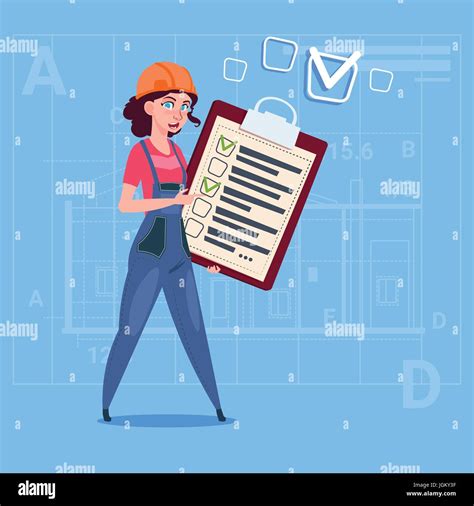 Cartoon Female Builder Carpenter Hold Checklist Construction Worker
