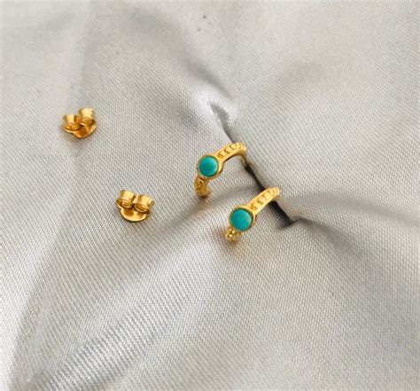 Gold Plated Small Turquoise Stone Huggie Stud Hoop Earrings C S
