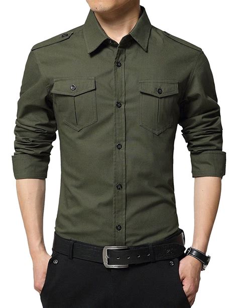 men s casual slim fit shirt cotton long sleeve button down dress shirt h army green two