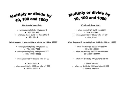 Multiplying And Dividing By 10 100 And 1000 Teaching Resources