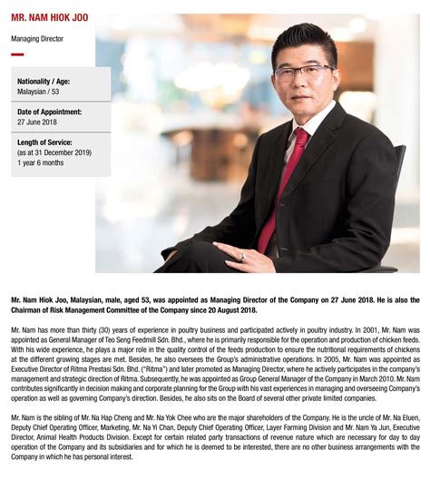 Teo seng capital berhad, an investment holding company, primarily engages in poultry farming business in malaysia, singapore, and internationally. Profile of The Board of Directors | Teo Seng Capital Berhad