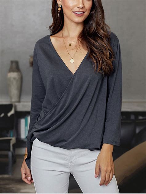 Sayfut Plus Size Womens Blouse Loose Wrap Tops Long Sleeve Deep V T Shirt Office Blouse