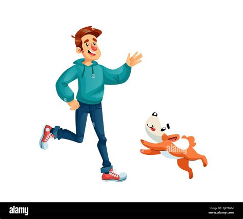 Flat Cartoon Happy Character Walks With Dogpet Animal Care Vector
