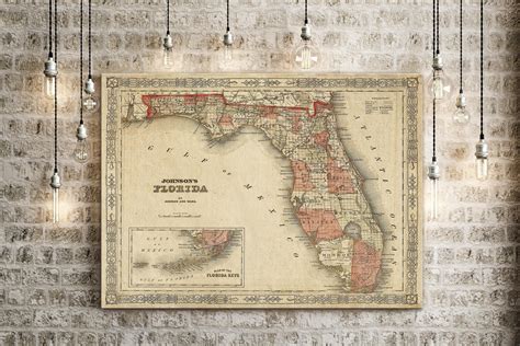 Old Florida Map 1863 Johnsons Map Of Florida Restoration Style Florida