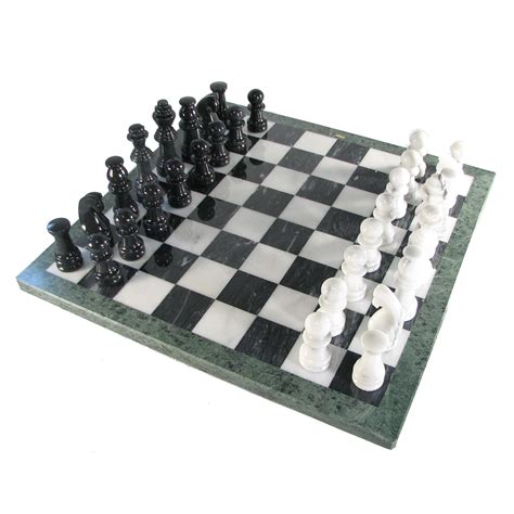 Large Black And White Marble Chess Set With Green Border