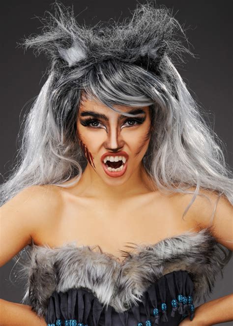 Womens Long Grey Werewolf Wig With Wolf Ears