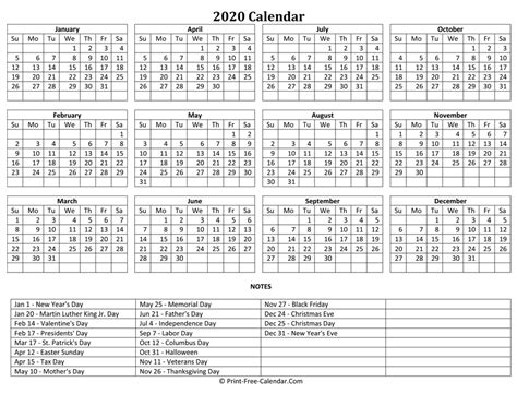 2020 Calendar With Holidays And Observances Calendar Printable Free