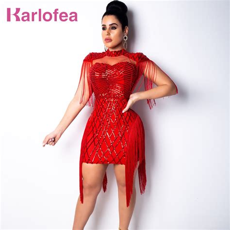 Karlofea Women Fashion Sequin Birthday Party Dress Chic Tassel Fringe Sleeve Bodycon Dress Red