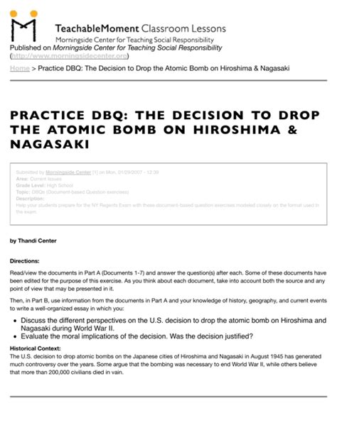Practice Dbq The Decision To Drop The Atomic Bomb On Hiroshima